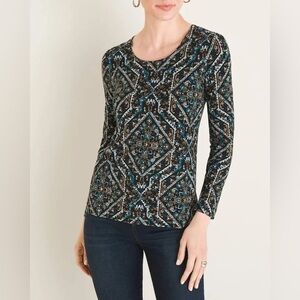 Chicos Bohemian Floral Geometric Block Layering Long Sleeve Tee Shirt